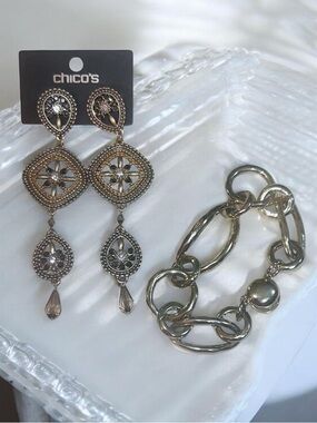 Chico's Gold-Tone Filigree Drop Earrings (NWT) & chunky bracelet set